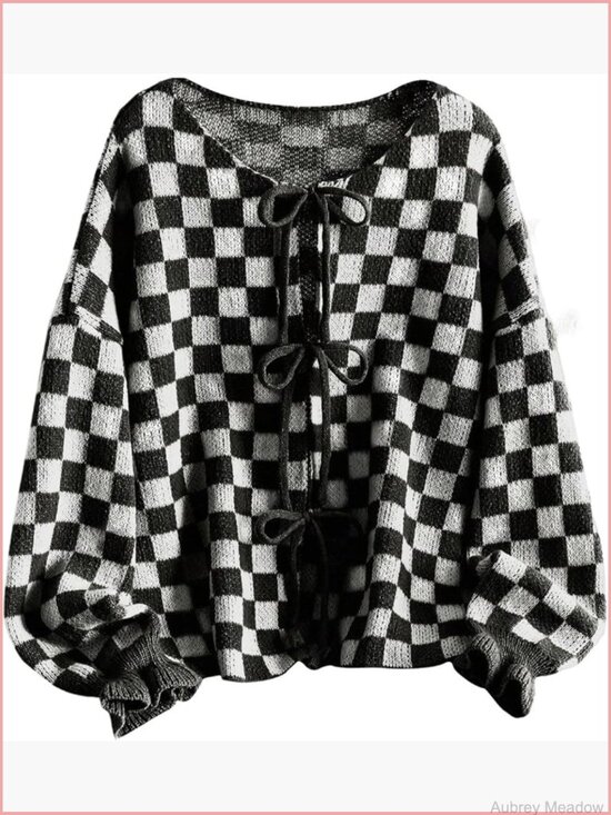 Sweaters - Plus Size Checkered Plaid Cardigan Cozy Knit Sweater Outerwear